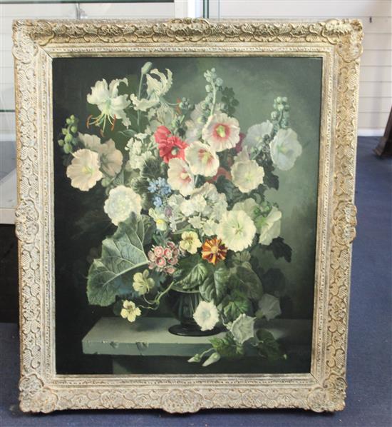 § Gerald A. Cooper (1898-1975) Still life of hollyhocks, lilies and other flowers in a vase upon a ledge 29 x 24in.